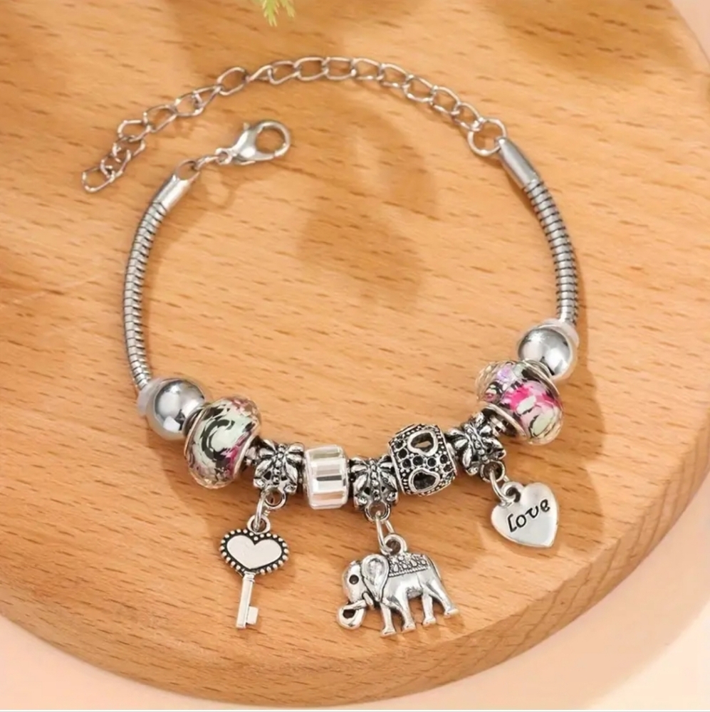 Boho Elephant Key Heart  Floral  Charm Bracelet